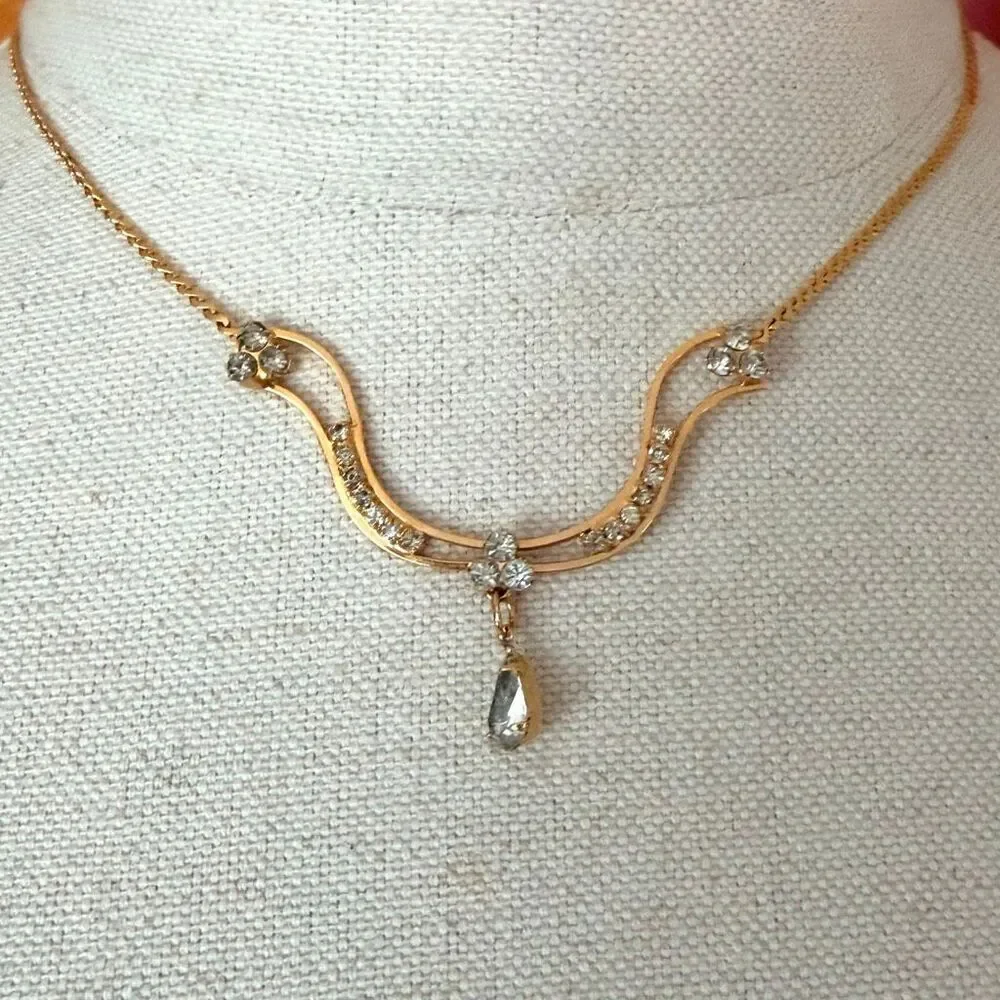 Vintage  Gold Tone Rhinestone Festoon Necklace Teardrop Dangle